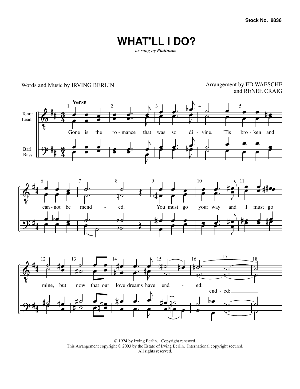 Learn to play Platinum What'll I Do? (arr. Ed Waesche, Renee Craig) sheet music for TTBB Choir in minutes. Price: 3.9900$ Platinum What'll I Do? (arr. Ed Waesche, Renee Craig) sheet music notes and chords arranged for TTBB Choir