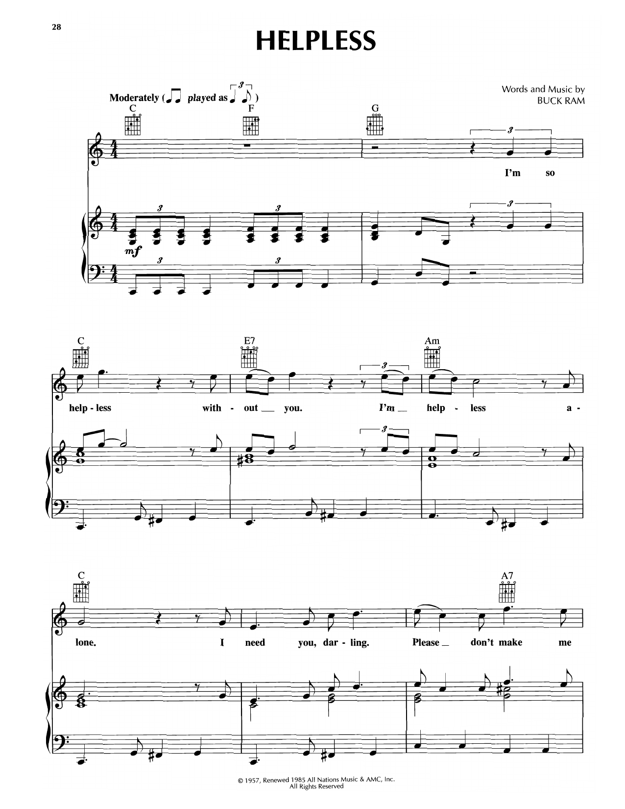 Platters Helpless sheet music notes and chords arranged for Piano, Vocal & Guitar Chords (Right-Hand Melody)