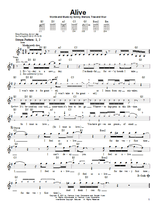 P.O.D. (Payable On Death) Alive sheet music notes and chords. Download Printable PDF.