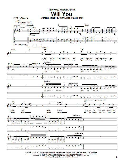 Learn to play P.O.D. (Payable On Death) Will You sheet music for Guitar Tab in minutes. Price: 7.8900$ P.O.D. (Payable On Death) Will You sheet music notes and chords arranged for Guitar Tab