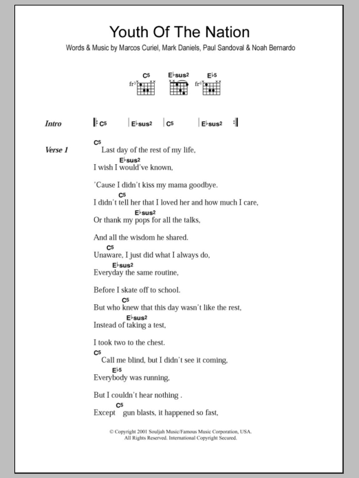 Learn to play P.O.D. Youth Of The Nation sheet music for Guitar Chords/Lyrics in minutes. Price: 4.4900$ P.O.D. Youth Of The Nation sheet music notes and chords arranged for Guitar Chords/Lyrics
