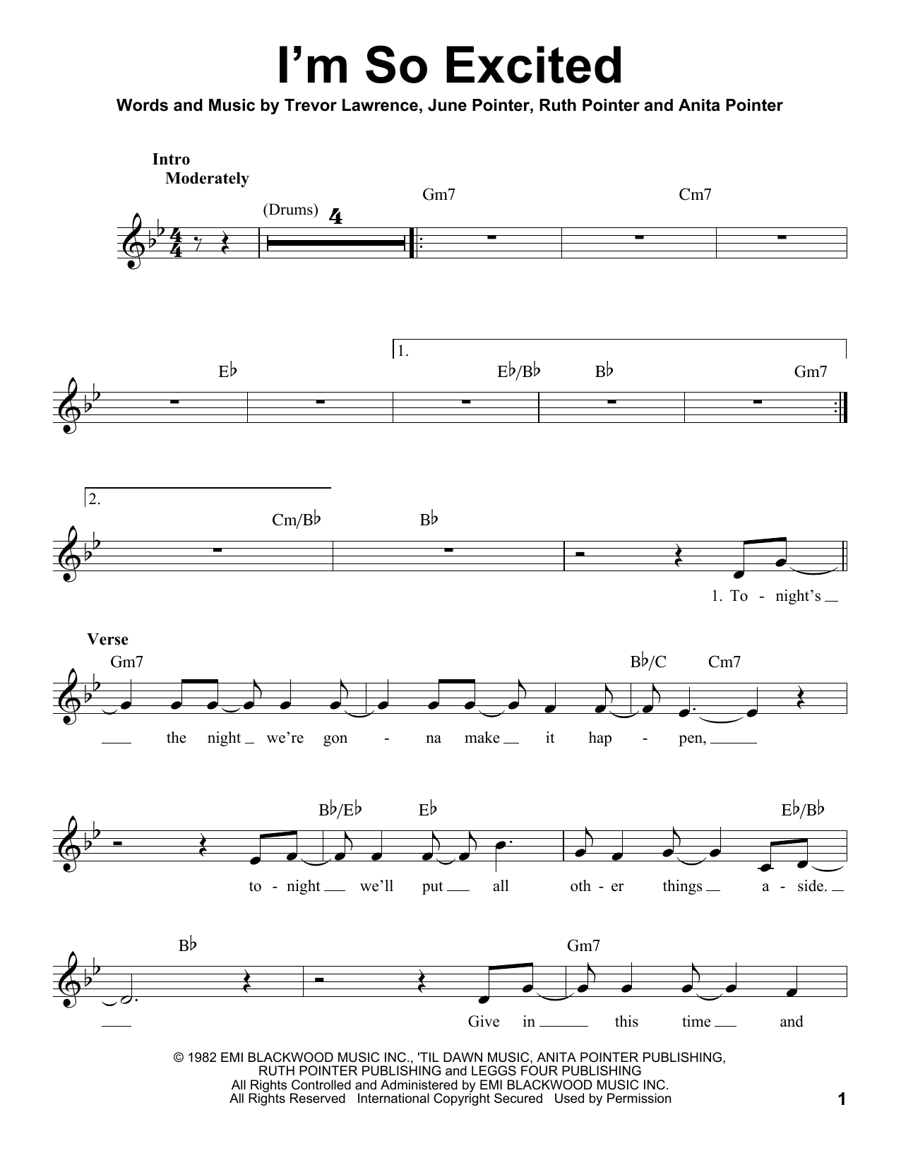 Pointer Sisters I'm So Excited sheet music notes and chords. Download Printable PDF.