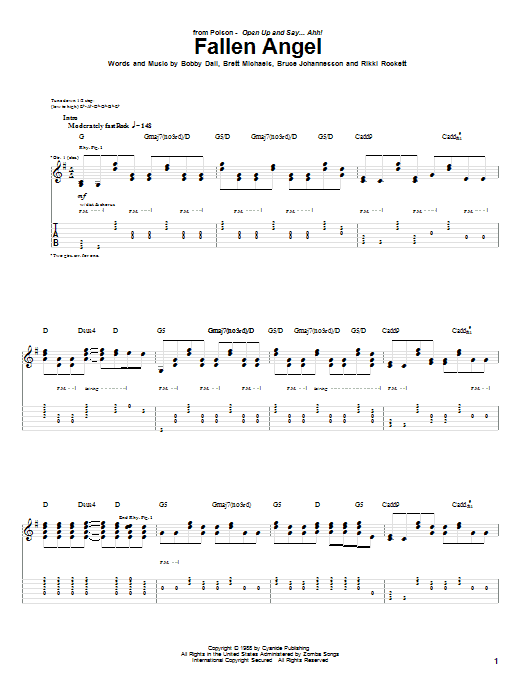 Learn to play Poison Fallen Angel sheet music for Guitar Tab in minutes. Price: 7.8900$ Poison Fallen Angel sheet music notes and chords arranged for Guitar Tab