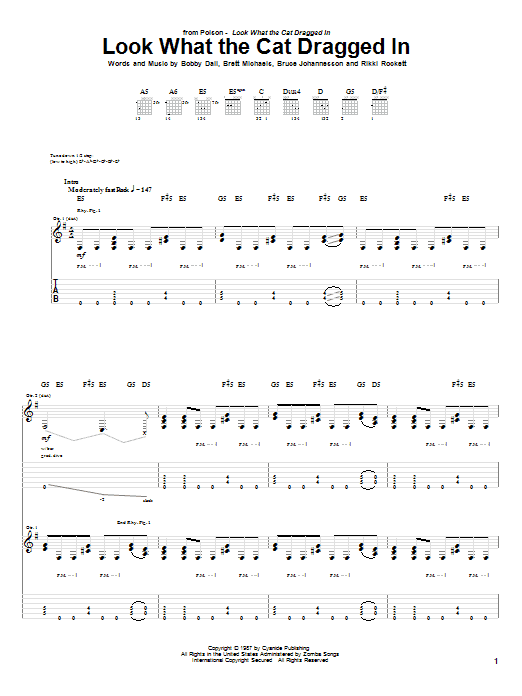 Learn to play Poison Look What The Cat Dragged In sheet music for Guitar Tab in minutes. Price: 7.8900$ Poison Look What The Cat Dragged In sheet music notes and chords arranged for Guitar Tab