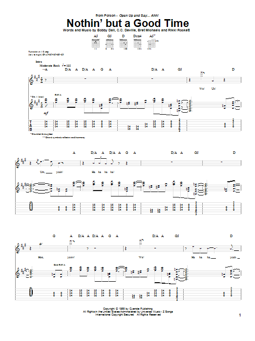 Poison Nothin' But A Good Time sheet music notes and chords. Download Printable PDF.