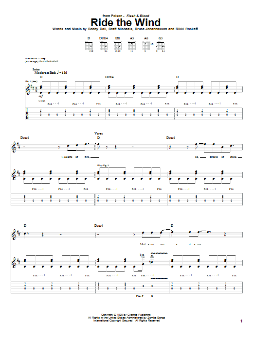 Learn to play Poison Ride The Wind sheet music for Guitar Tab in minutes. Price: 7.8900$ Poison Ride The Wind sheet music notes and chords arranged for Guitar Tab