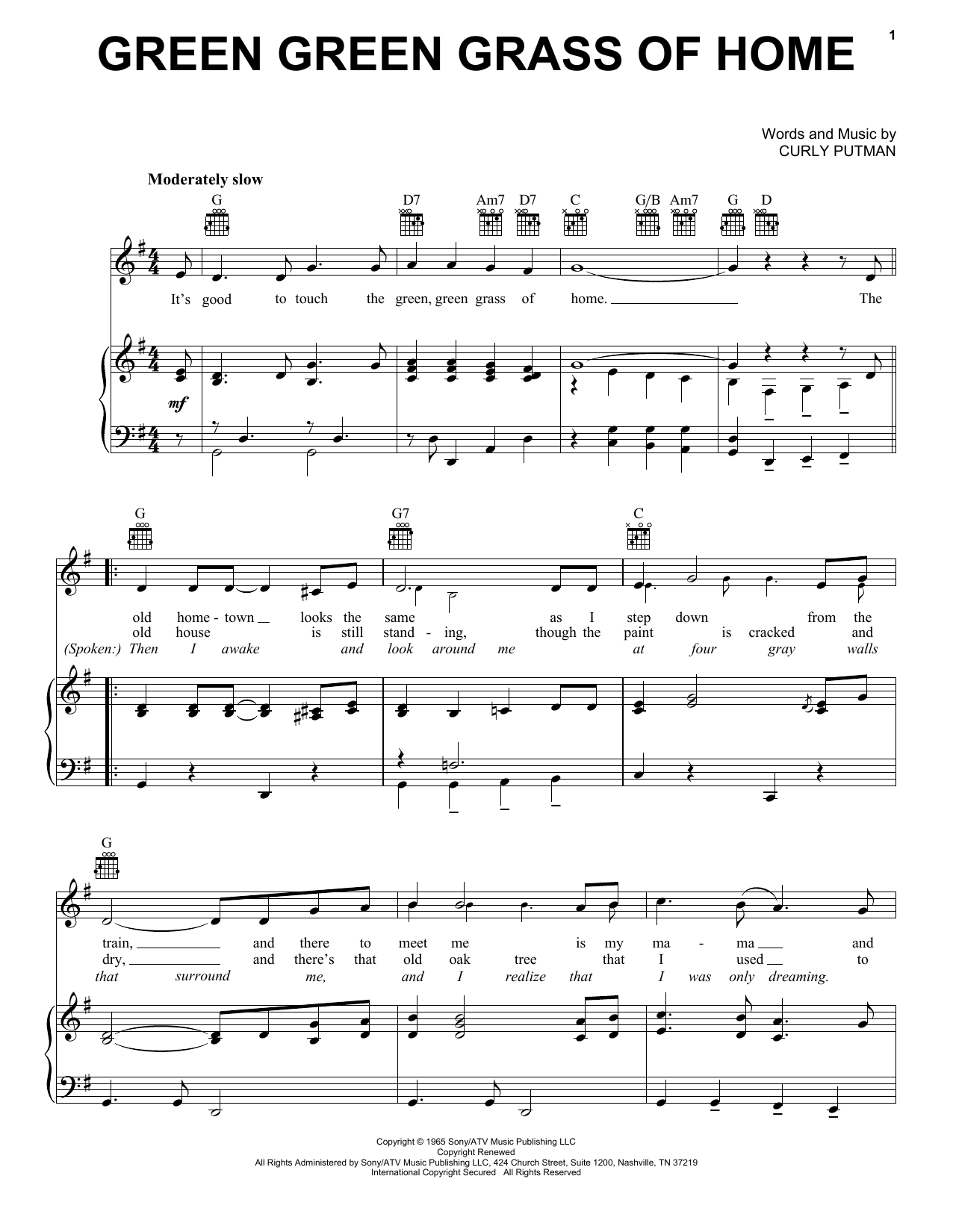 Curly Putman Green Green Grass Of Home sheet music notes and chords. Download Printable PDF.