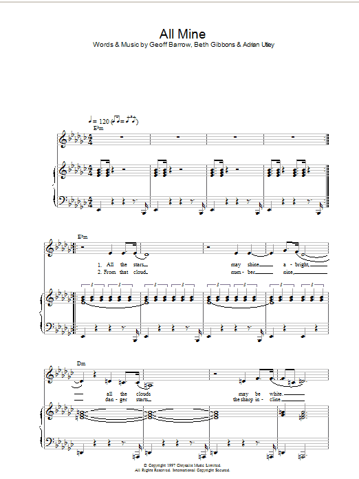 Learn to play Portishead All Mine sheet music for Piano, Vocal & Guitar Chords in minutes. Price: 7.8900$ Portishead All Mine sheet music notes and chords arranged for Piano, Vocal & Guitar Chords
