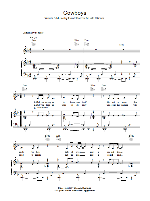 Learn to play Portishead Cowboys sheet music for Piano, Vocal & Guitar Chords in minutes. Price: 7.8900$ Portishead Cowboys sheet music notes and chords arranged for Piano, Vocal & Guitar Chords