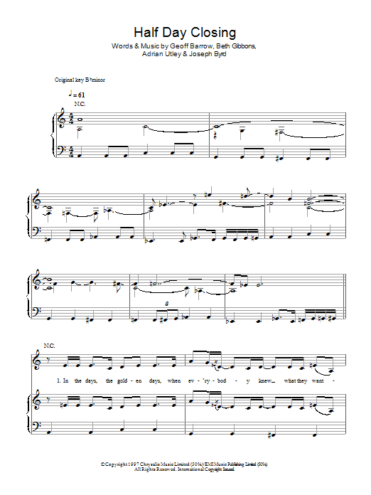 Learn to play Portishead Half Day Closing sheet music for Piano, Vocal & Guitar Chords in minutes. Price: 7.8900$ Portishead Half Day Closing sheet music notes and chords arranged for Piano, Vocal & Guitar Chords