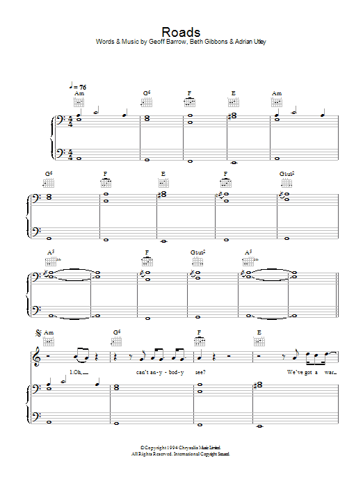 Portishead Roads sheet music notes and chords. Download Printable PDF.