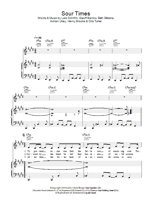 Portishead Sour Times sheet music notes and chords. Download Printable PDF.