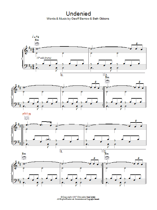 Learn to play Portishead Undenied sheet music for Piano, Vocal & Guitar Chords in minutes. Price: 7.8900$ Portishead Undenied sheet music notes and chords arranged for Piano, Vocal & Guitar Chords