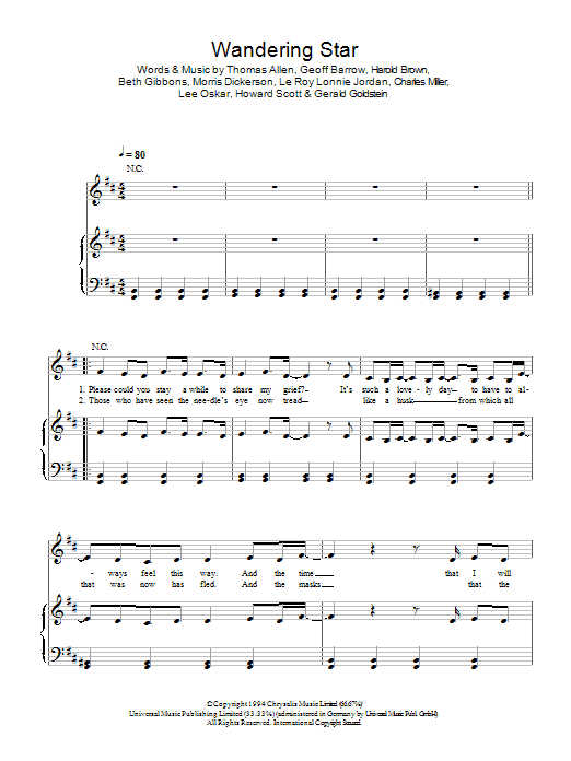 Portishead Wandering Star sheet music notes and chords. Download Printable PDF.