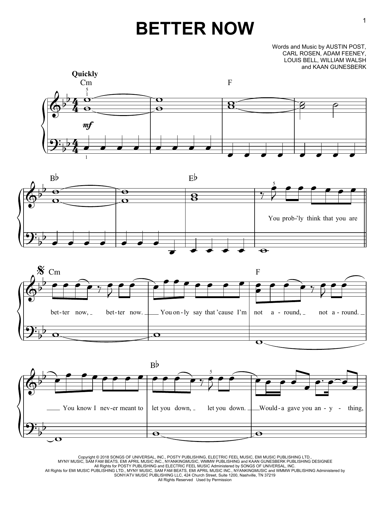 Post Malone Better Now sheet music notes and chords. Download Printable PDF.