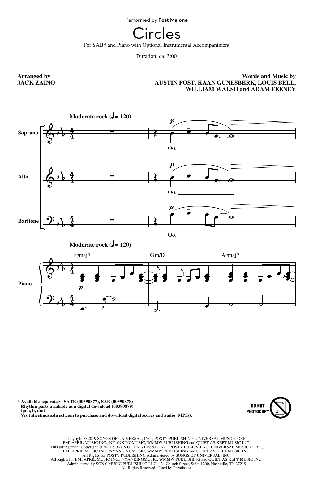 Post Malone Circles (arr. Jack Zaino) sheet music notes and chords. Download Printable PDF.