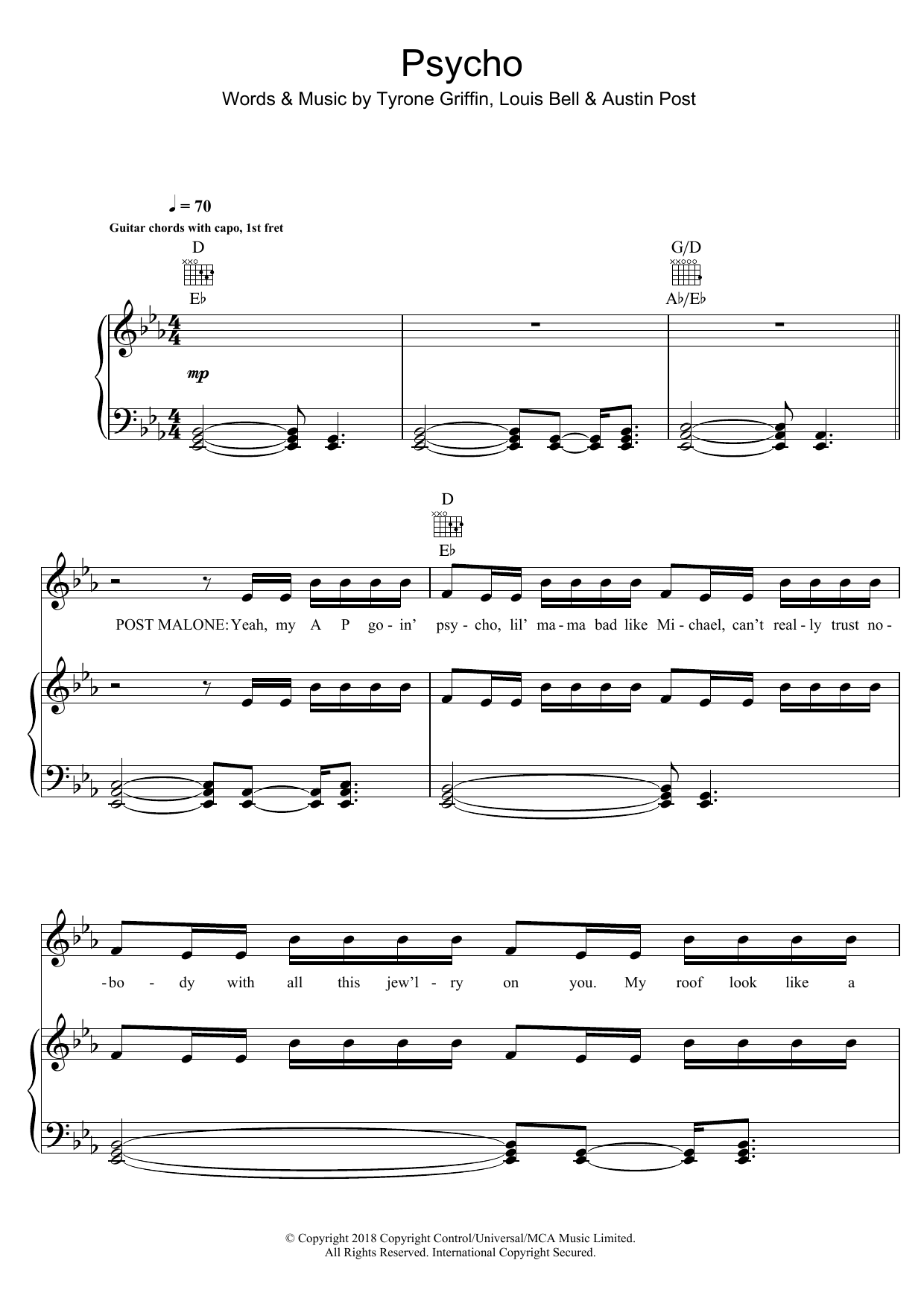Learn to play Post Malone Psycho (feat. Ty Dolla $ign) sheet music for Piano, Vocal & Guitar Chords in minutes. Price: 7.8900$ Post Malone Psycho (feat. Ty Dolla $ign) sheet music notes and chords arranged for Piano, Vocal & Guitar Chords
