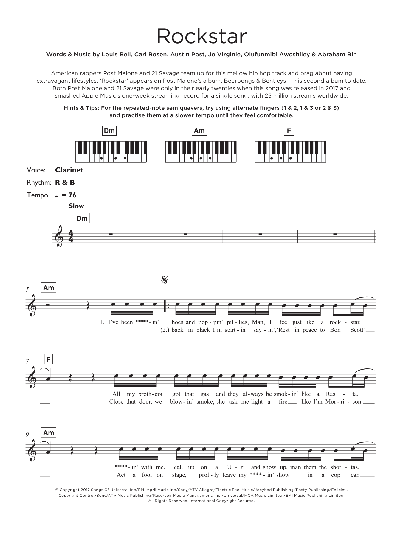 Post Malone Rockstar (feat. 21 Savage) sheet music notes and chords. Download Printable PDF.