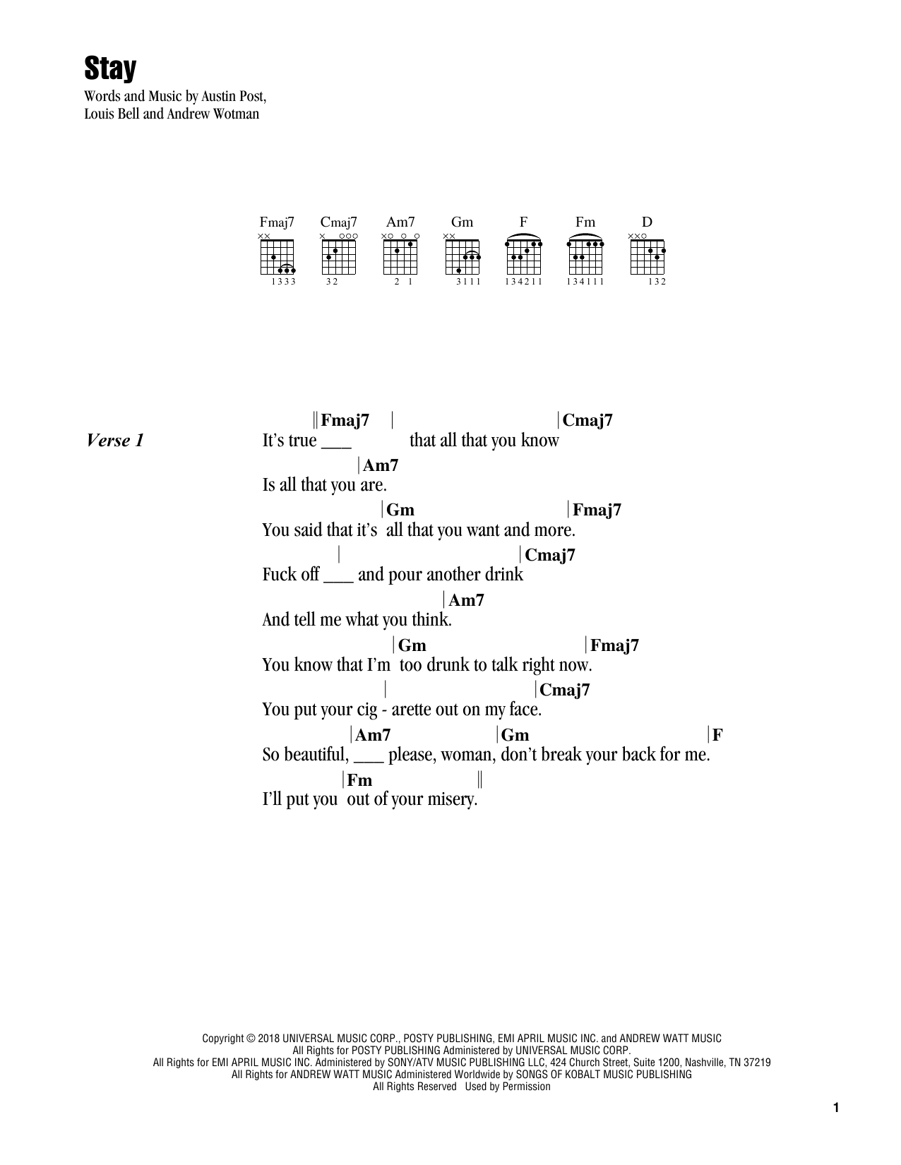 Post Malone Stay sheet music notes and chords. Download Printable PDF.