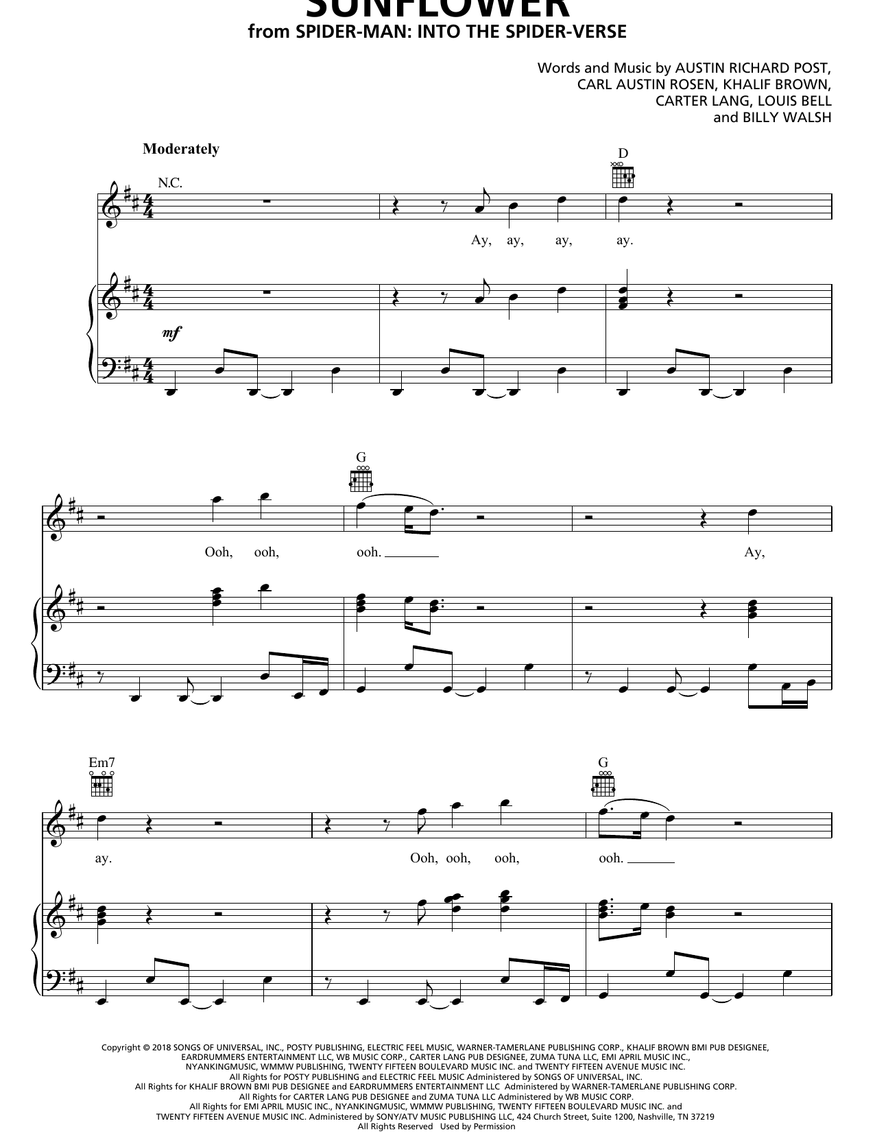 Post Malone & Swae Lee Sunflower sheet music notes and chords arranged for Piano, Vocal & Guitar Chords (Right-Hand Melody)