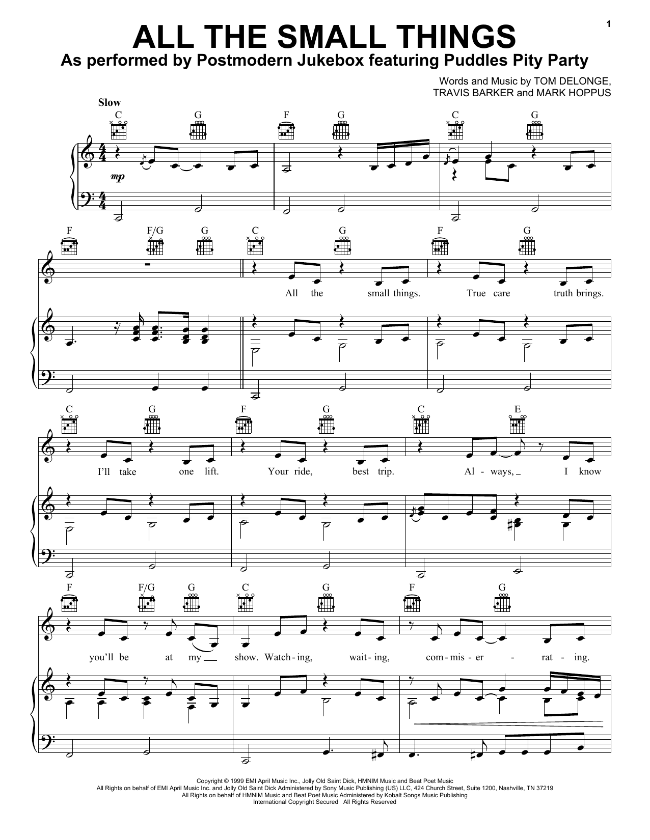 Postmodern Jukebox ft. Puddles Pity Party All The Small Things (John Lewis 2022) sheet music notes and chords. Download Printable PDF.