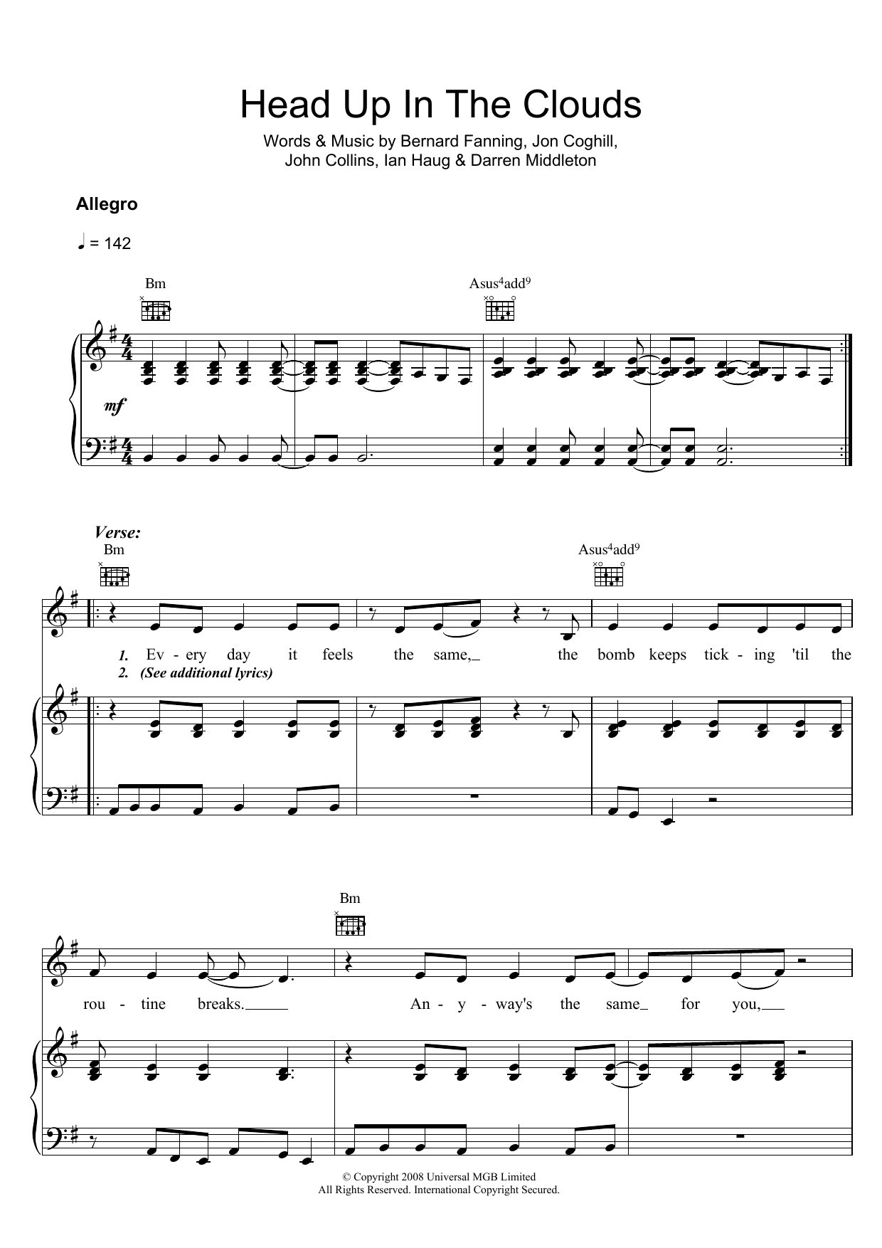 Powderfinger Head Up In The Clouds sheet music notes and chords arranged for Piano, Vocal & Guitar Chords