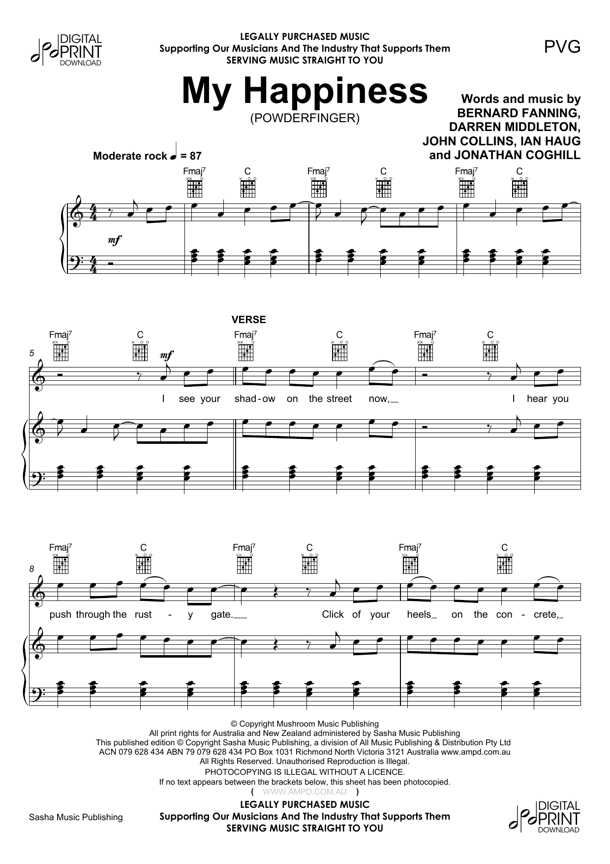 Powderfinger My Happiness sheet music notes and chords arranged for Piano, Vocal & Guitar Chords (Right-Hand Melody)