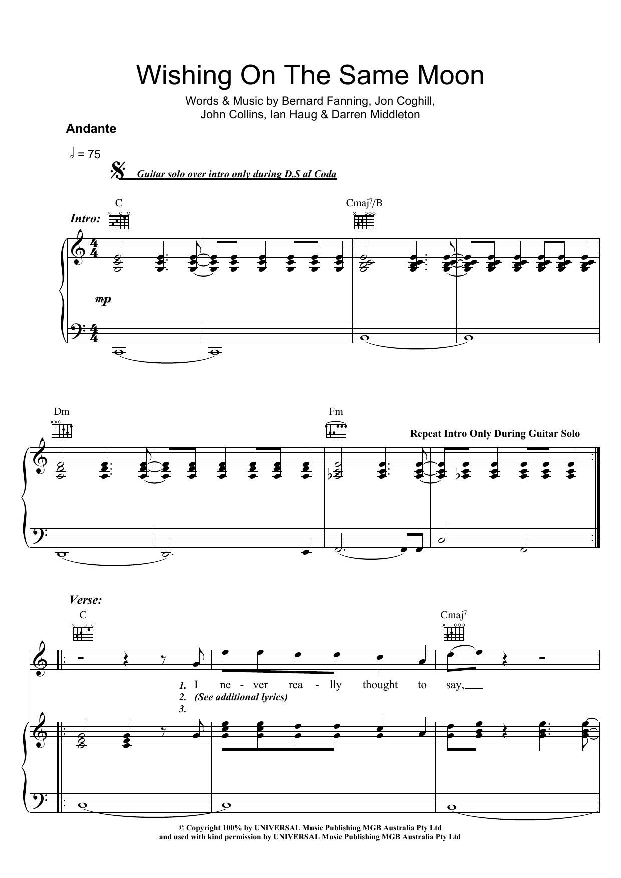 Learn to play Powderfinger Wishing On The Same Moon sheet music for Piano, Vocal & Guitar Chords in minutes. Price: 7.8900$ Powderfinger Wishing On The Same Moon sheet music notes and chords arranged for Piano, Vocal & Guitar Chords