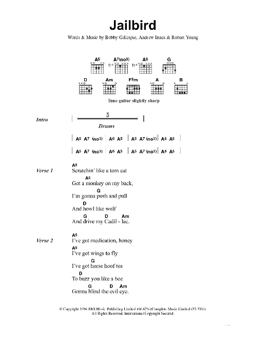 Primal Scream Jailbird sheet music notes and chords. Download Printable PDF.