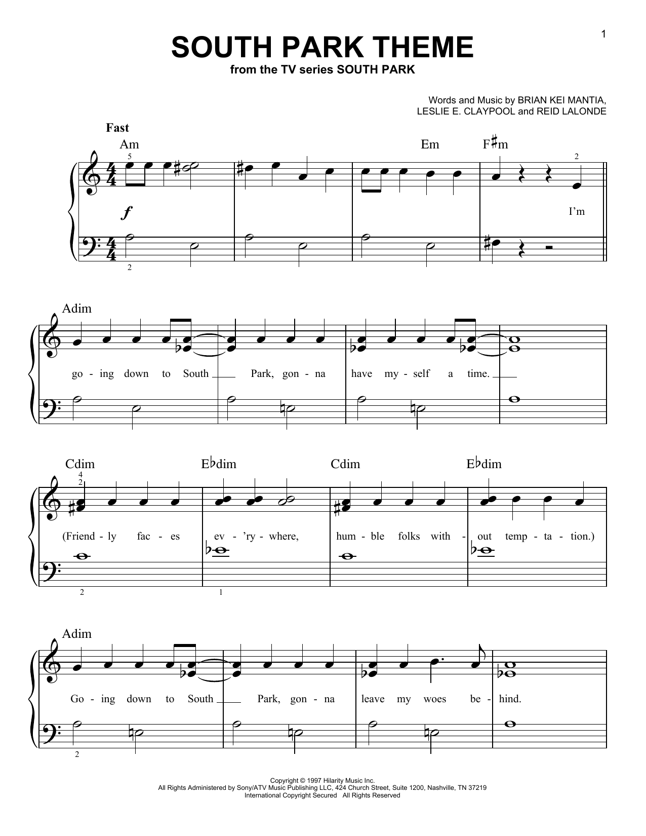 Primus South Park Theme sheet music notes and chords. Download Printable PDF.