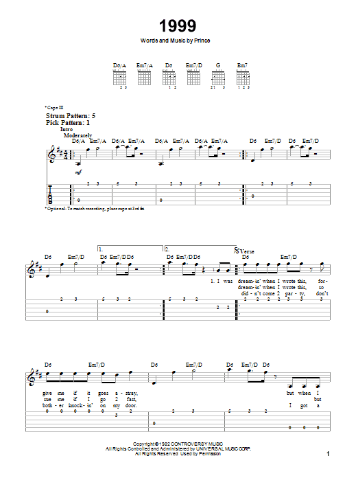 Prince 1999 sheet music notes and chords. Download Printable PDF.