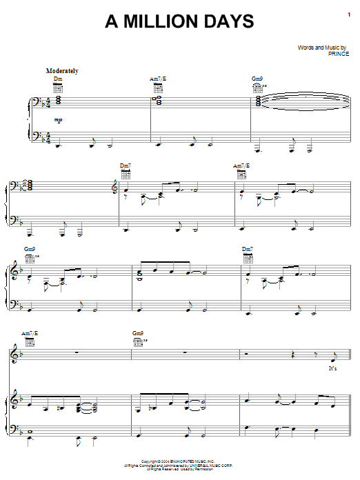 Learn to play Prince A Million Days sheet music for Piano, Vocal & Guitar Chords (Right-Hand Melody) in minutes. Price: 7.8900$ Prince A Million Days sheet music notes and chords arranged for Piano, Vocal & Guitar Chords (Right-Hand Melody)