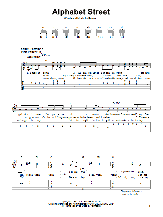 Prince Alphabet Street sheet music notes and chords. Download Printable PDF.