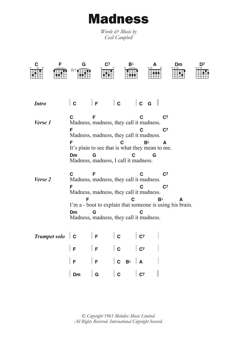 Prince Buster Madness sheet music notes and chords. Download Printable PDF.