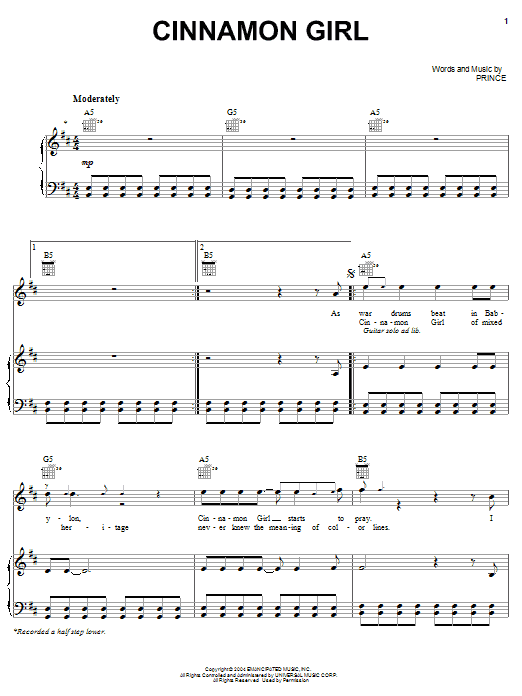 Learn to play Prince Cinnamon Girl sheet music for Piano, Vocal & Guitar Chords (Right-Hand Melody) in minutes. Price: 7.8900$ Prince Cinnamon Girl sheet music notes and chords arranged for Piano, Vocal & Guitar Chords (Right-Hand Melody)