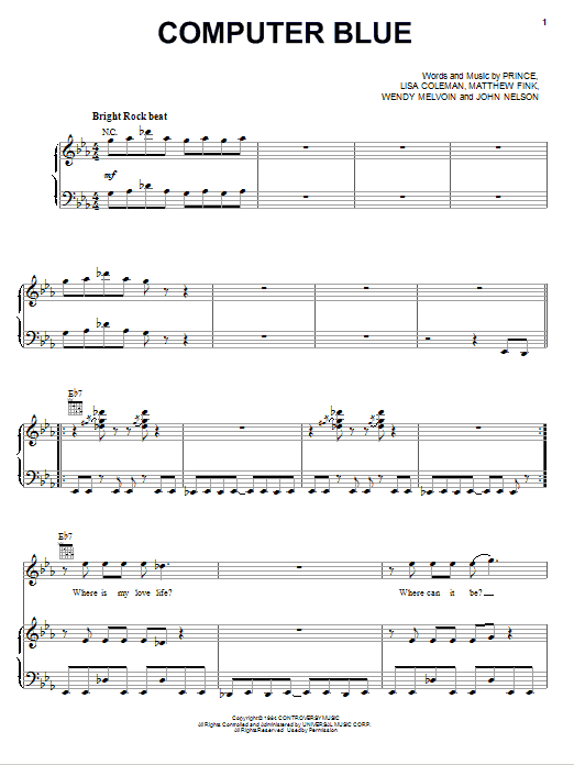 Prince Computer Blue sheet music notes and chords arranged for Piano, Vocal & Guitar Chords (Right-Hand Melody)