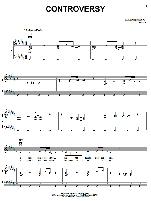 Prince Controversy sheet music notes and chords arranged for Piano, Vocal & Guitar Chords (Right-Hand Melody)