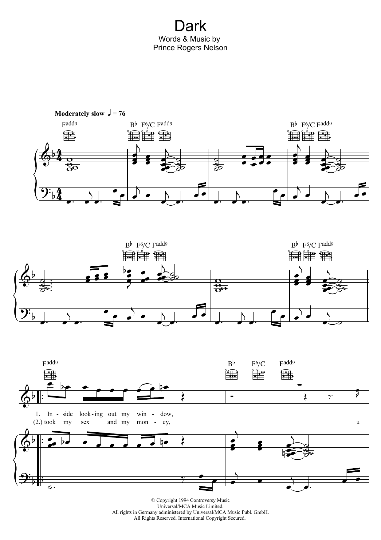 Learn to play Prince Dark sheet music for Piano, Vocal & Guitar Chords in minutes. Price: 7.8900$ Prince Dark sheet music notes and chords arranged for Piano, Vocal & Guitar Chords
