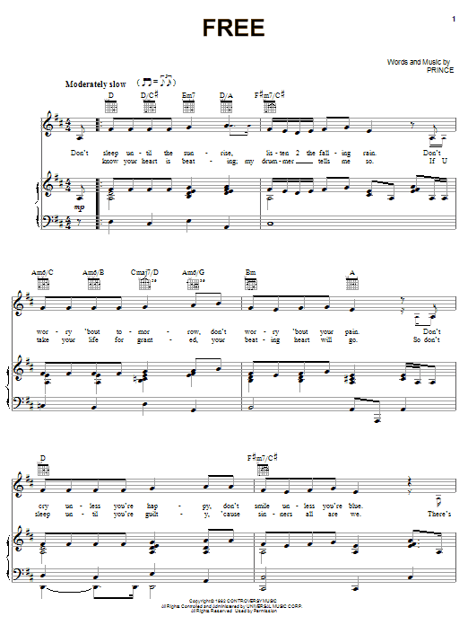 Prince Free sheet music notes and chords arranged for Piano, Vocal & Guitar Chords (Right-Hand Melody)