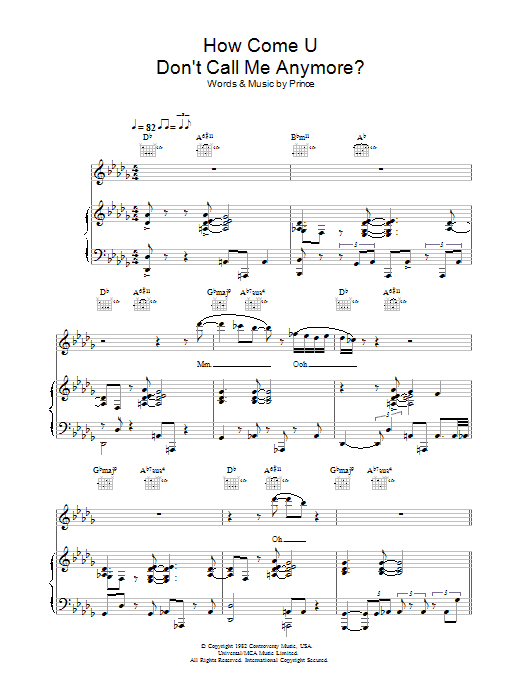 Prince How Come U Don't Call Me Anymore sheet music notes and chords arranged for Piano, Vocal & Guitar Chords