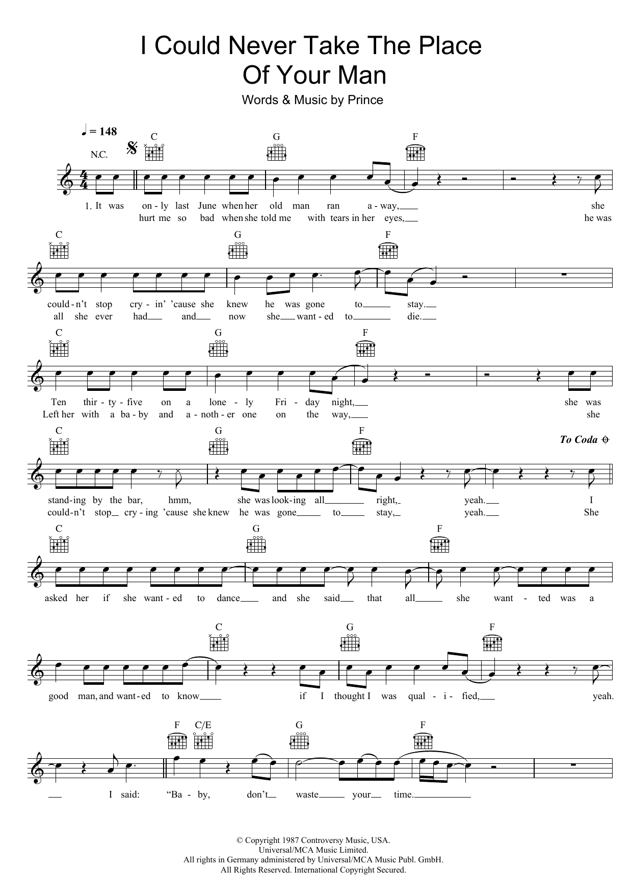 Prince I Could Never Take The Place Of Your Man sheet music notes and chords. Download Printable PDF.