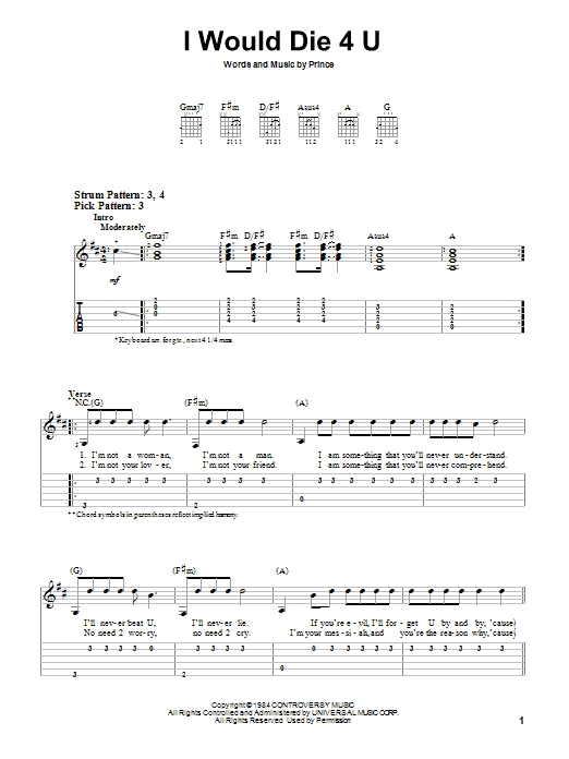 Prince I Would Die 4 U sheet music notes and chords. Download Printable PDF.