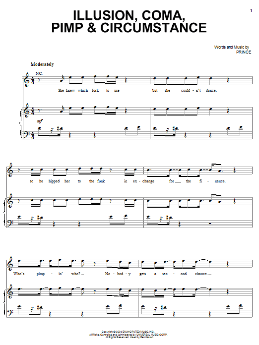 Learn to play Prince Illusion, Coma, Pimp & Circumstance sheet music for Piano, Vocal & Guitar Chords (Right-Hand Melody) in minutes. Price: 7.8900$ Prince Illusion, Coma, Pimp & Circumstance sheet music notes and chords arranged for Piano, Vocal & Guitar Chords (Right-Hand Melody)