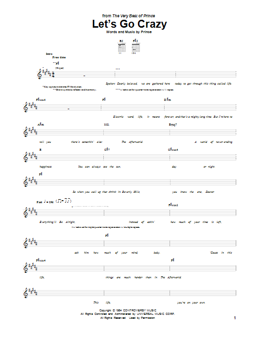 Prince Let's Go Crazy sheet music notes and chords. Download Printable PDF.