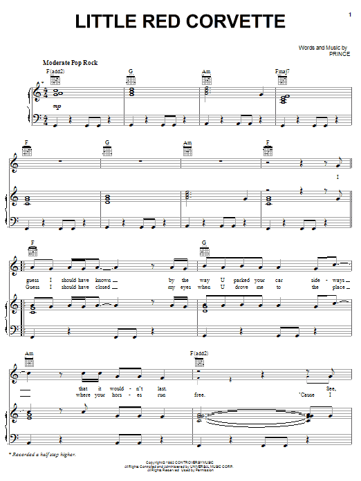 Prince Little Red Corvette sheet music notes and chords. Download Printable PDF.