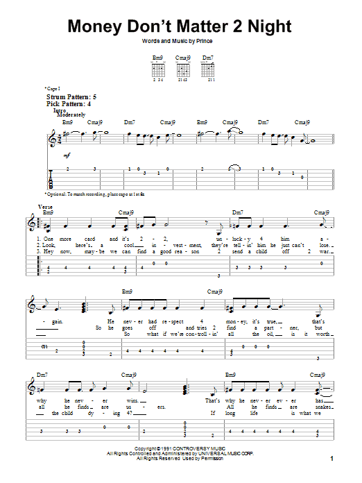 Prince Money Don't Matter 2 Night sheet music notes and chords. Download Printable PDF.