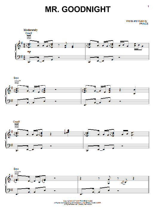 Learn to play Prince Mr. Goodnight sheet music for Piano, Vocal & Guitar Chords (Right-Hand Melody) in minutes. Price: 7.8900$ Prince Mr. Goodnight sheet music notes and chords arranged for Piano, Vocal & Guitar Chords (Right-Hand Melody)