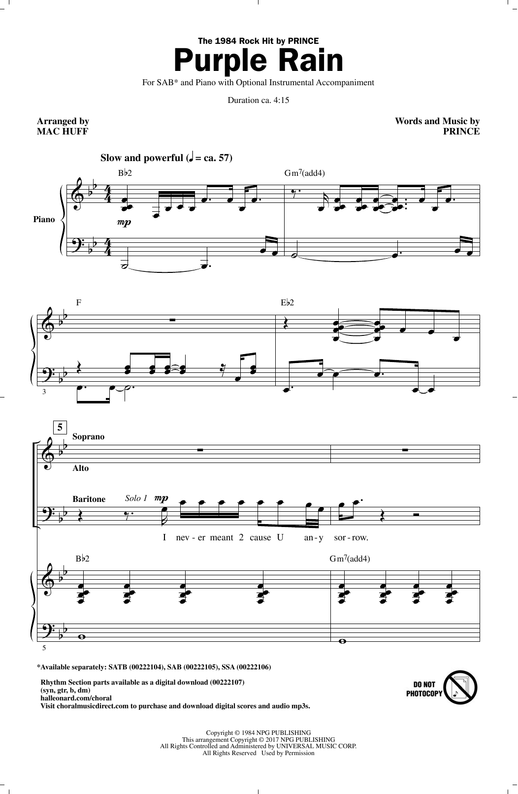 Mac Huff Purple Rain sheet music notes and chords. Download Printable PDF.