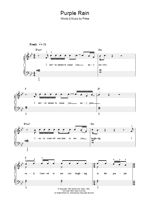 Prince Purple Rain sheet music notes and chords. Download Printable PDF.