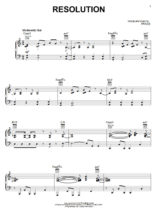 Learn to play Prince Resolution sheet music for Piano, Vocal & Guitar Chords (Right-Hand Melody) in minutes. Price: 7.8900$ Prince Resolution sheet music notes and chords arranged for Piano, Vocal & Guitar Chords (Right-Hand Melody)